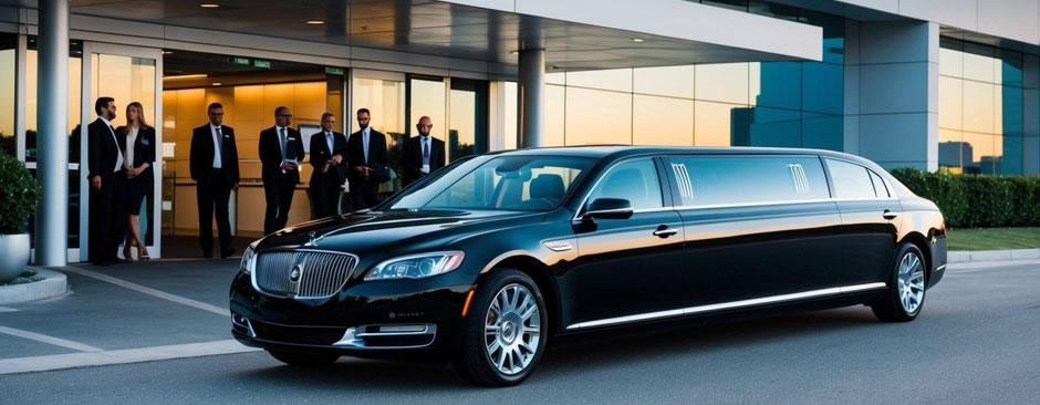 A sleek black limousine pulls up to the entrance of a modern airport terminal, ready to whisk passengers away in style