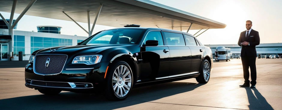A sleek black limousine pulls up to a modern airport terminal under the warm Phoenix sun. A chauffeur stands by, ready to assist
