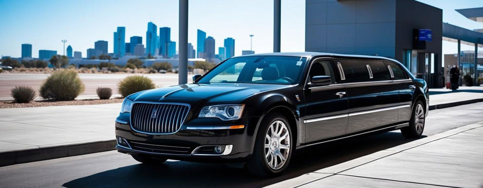 A sleek black limo pulls up to the curb outside a modern airport terminal, with the Phoenix skyline visible in the background