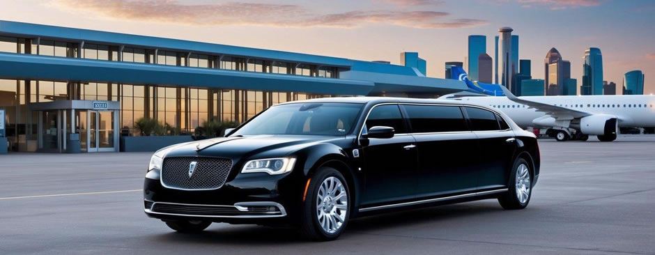 A sleek black limousine pulls up to the entrance of a modern airport terminal, with the Phoenix skyline in the background