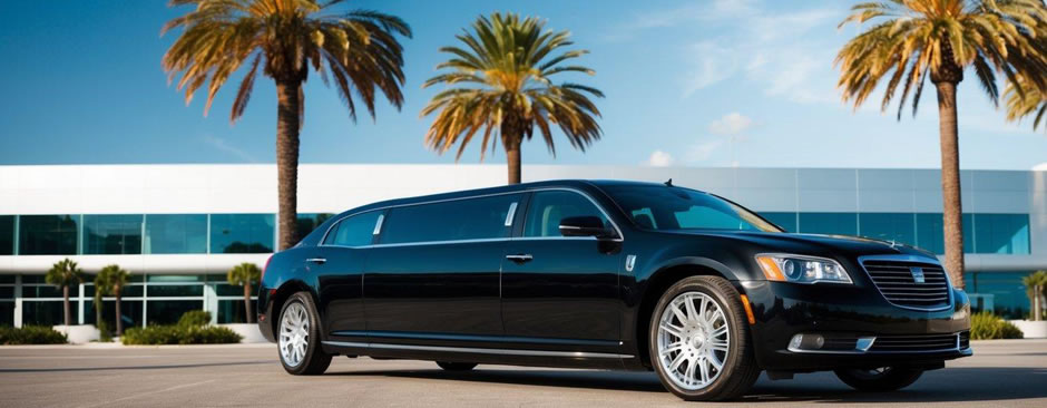 A sleek black limousine waits outside a modern airport terminal, surrounded by palm trees and a clear blue sky