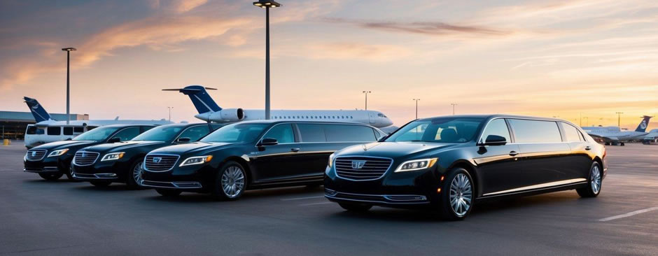 A sleek, modern limousine fleet parked outside Phoenix airport, ready for exclusive transfers